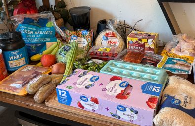 Grocery haul with protein, fruits, vegetables, and carbohydrates for muscle gain and fat loss