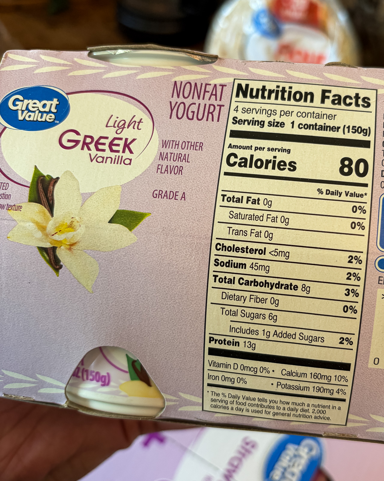 Nutrition Facts label showing serving size, calories, protein, carbohydrates, and fat